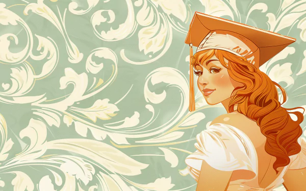 A beautifully illustrated HD wallpaper featuring a woman in a graduation cap, set against a soft, decorative floral background.