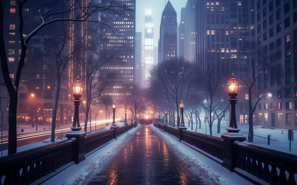 A serene snowy cityscape at dusk, featuring glistening streets and softly lit lampposts amid towering skyscrapers, creating a tranquil winter ambiance.
