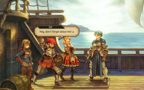 HD desktop wallpaper featuring characters from the Unicorn Overlord video game on a ship deck with dialogue.