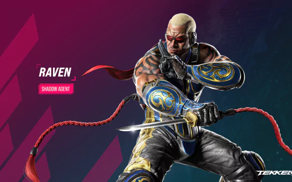 HD wallpaper of Raven, the sharp-dressed, ninja-like warrior from Tekken 8 video game, posing with his weapons on a dynamic pink and blue background.