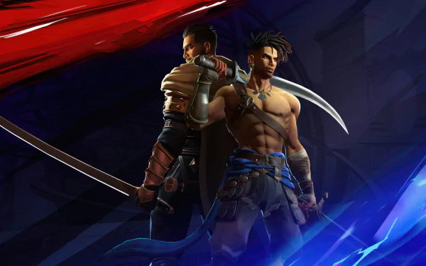 HD Wallpaper featuring characters from Prince of Persia: The Lost Crown video game against a dynamic red and blue background.