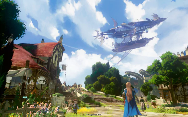 HD wallpaper of Granblue Fantasy: Relink featuring an idyllic village scene with an airship and character.