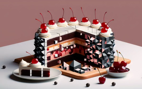 A visually striking black forest cake featuring layers of chocolate and cherries, presented with a modern geometric design, serves as a captivating HD desktop wallpaper and background.