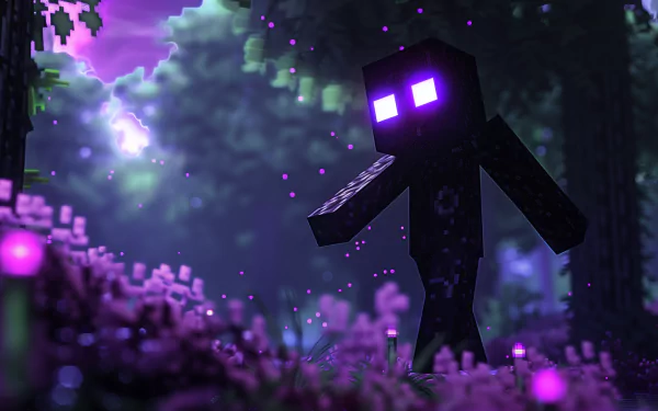 HD desktop wallpaper featuring the Minecraft character Enderman in a mystical forest setting with purple hues and glowing effects.