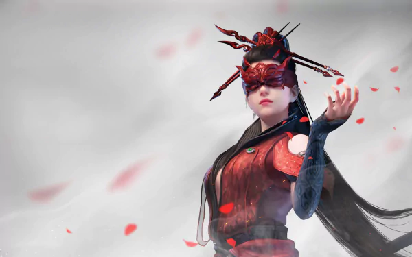 Naraka: Bladepoint HD game wallpaper featuring a mystical female character with a red mask and attire amidst falling petals.