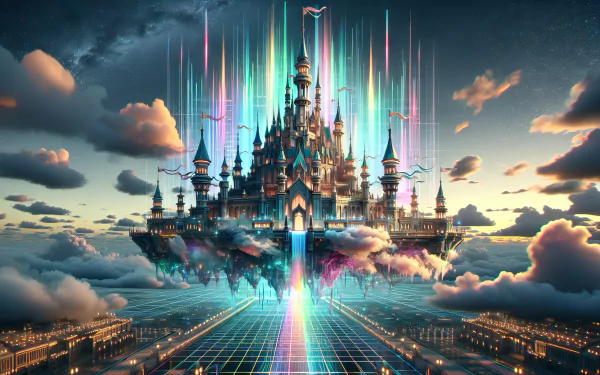 Futuristic flying castle with radiant lights HD wallpaper for desktop background.