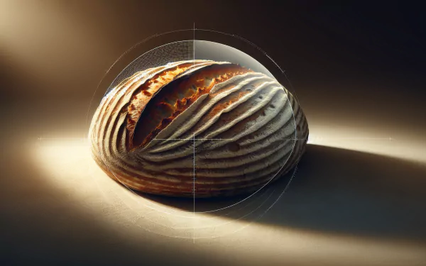 A beautifully crafted sourdough loaf, showcasing its intricate crust and texture, illuminated by soft light, making for an appealing HD desktop wallpaper and background.