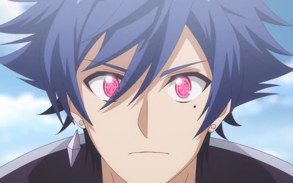 HD desktop wallpaper featuring a close-up of an anime character from 'The Banished Former Hero Lives as He Pleases' with distinctive pink eyes and tousled blue hair, expressing a determined look against a soft, blue sky background.