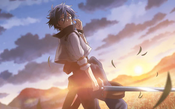 Anime wallpaper featuring a contemplative former hero with a sword, set against a vivid sunset backdrop, from The Banished Former Hero Lives as He Pleases series.