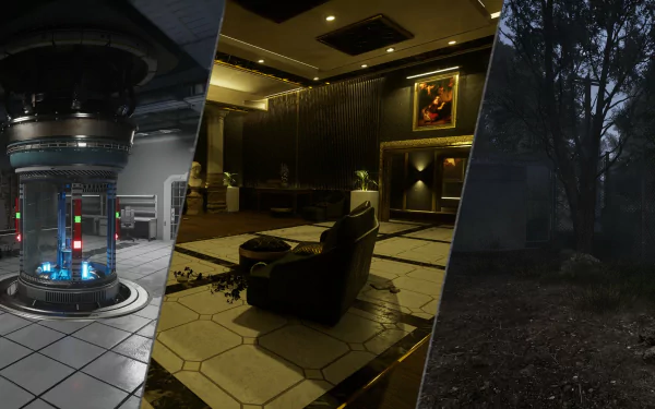 HD desktop wallpaper featuring contrasting scenes from Deceit 2 video game with an eerie laboratory interior on the left and a dark, forested area on the right.