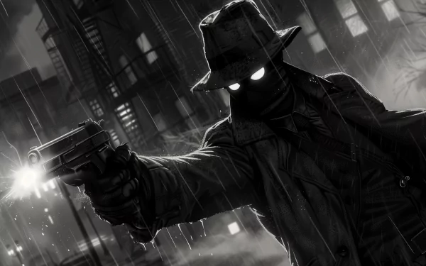 HD wallpaper of Spider-Man Noir in a comic-style artwork, featuring the iconic character in a trench coat and fedora, with a glowing-eyed mask, aiming a gun amidst a noir cityscape background.