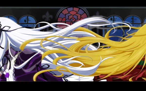 HD anime desktop wallpaper featuring characters from Rozen Maiden with flowing white and golden hair against a stained glass window background.