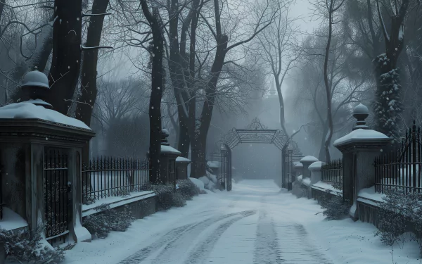 A serene snowy road lined with bare trees leads to an ornate gate, enveloped in winter's quiet stillness, creating a captivating HD desktop wallpaper.