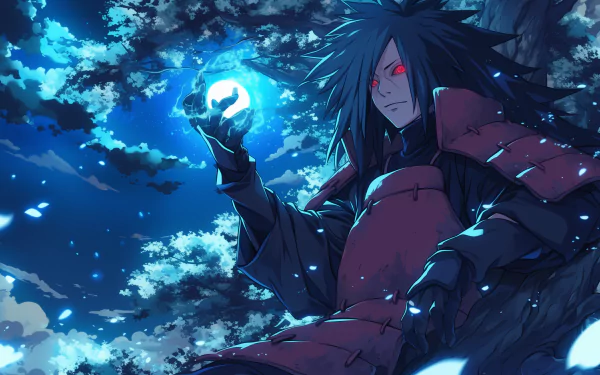 HD wallpaper of Madara Uchiha from Naruto, holding a glowing orb, set against a dynamic blue night sky background.