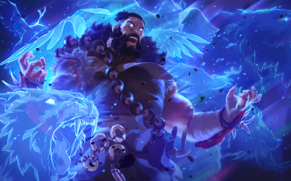 HD League of Legends wallpaper featuring the character Udyr unleashing his power with a dynamic, icy-blue energy background.