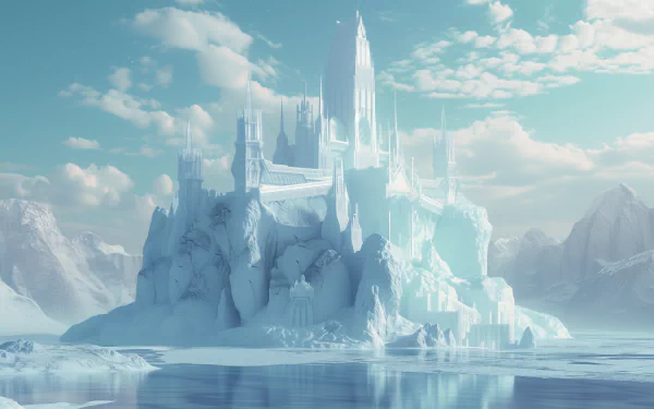 A stunning HD wallpaper featuring a majestic fantasy ice castle surrounded by a serene landscape, reflecting a dreamy sky filled with soft clouds.