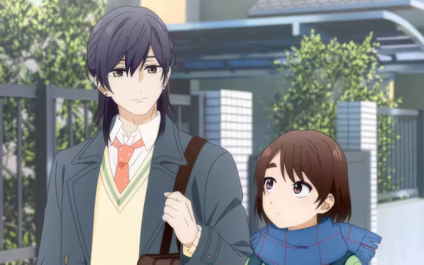 A vibrant HD wallpaper featuring characters Hotaru Hinase and Saki Hananoi from the anime A Condition Called Love, walking together in a serene outdoor setting.