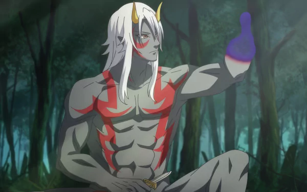 HD anime desktop wallpaper featuring a character from Re:Monster with white hair and red markings, sitting in a misty forest and holding a purple potion.
