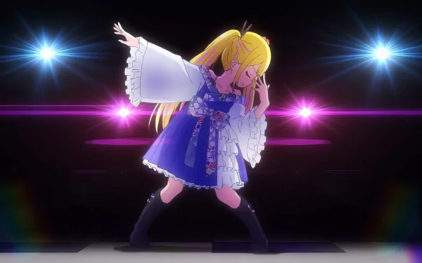 A vibrant HD desktop wallpaper featuring a female anime character in a colorful outfit, performing amidst dazzling lights. From the series A Salad Bowl of Eccentrics.