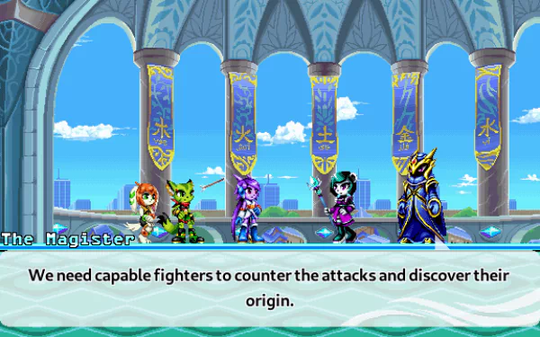 HD desktop wallpaper featuring characters from Freedom Planet 2 video game with dialogue in an elegant palace setting.