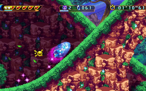 HD wallpaper of Freedom Planet 2 video game featuring vibrant in-game action with a character traversing a detailed rocky terrain with lush greenery.