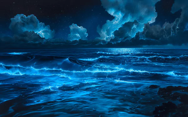 HD Wallpaper of bioluminescent waves in the ocean with a starry night sky in the background.