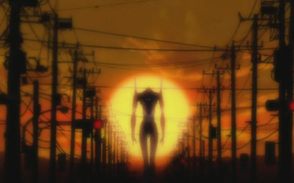 HD PC wallpaper from Evangelion: 1.0 You Are (Not) Alone features Evangelion Unit-03 silhouetted against a large, glowing sunset with power lines framing the scene.