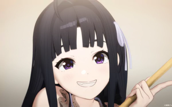 A vibrant HD desktop wallpaper featuring an anime girl from Girls Band Cry, showcasing her cheerful expression and distinctive hairstyle as she holds a drumstick.