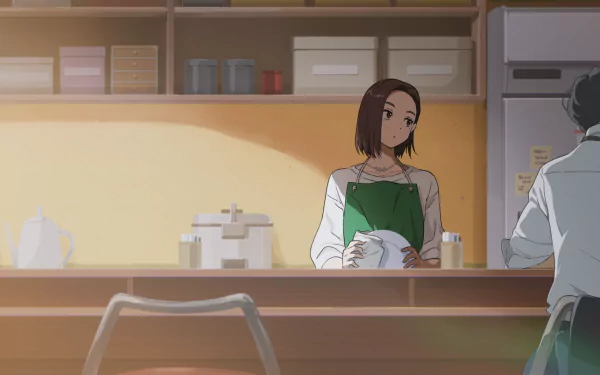 Anime HD PC desktop wallpaper of Kotoha Tachibana from Wind Breaker standing behind a café counter in a softly lit, warm interior setting.