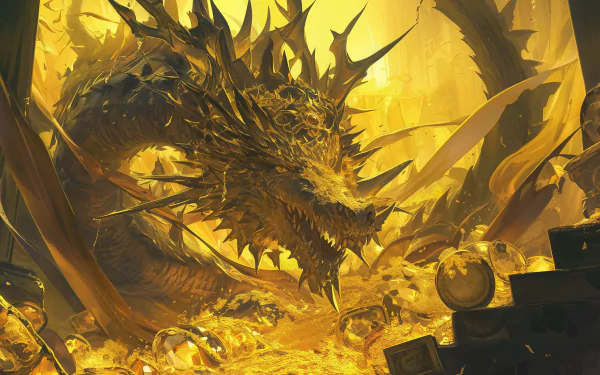 A majestic golden dragon guarding its treasure in a fantasy HD desktop wallpaper background.