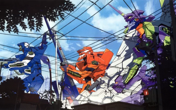 HD PC wallpaper of Neon Genesis Evangelion: Evangelion Units 02, 01 and 00 swing suspended by cables above a sunlit city — dynamic anime action with power lines and blue sky.
