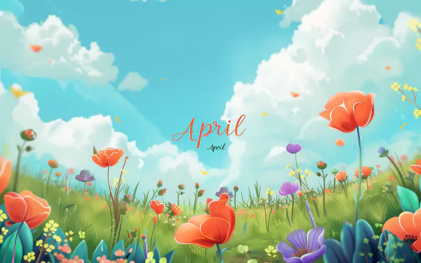 Bright and colorful spring flowers bloom under a blue sky, with fluffy clouds drifting by. The word April is elegantly displayed, capturing the essence of nature in this vibrant scene.