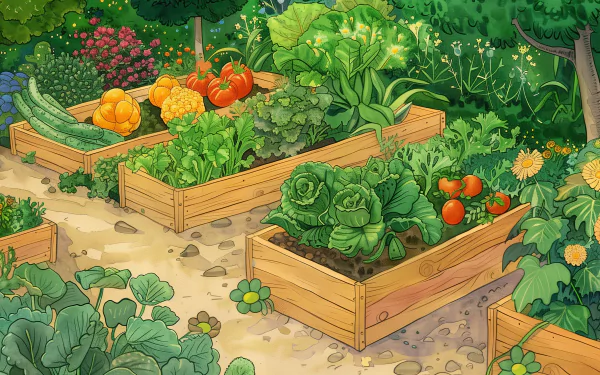 A vibrant vegetable garden featuring raised wooden beds filled with a variety of fresh vegetables, including tomatoes, lettuce, and squash, surrounded by lush greenery and colorful flowers.
