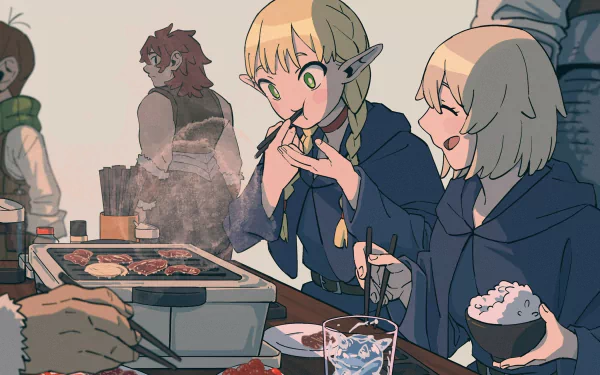 Anime-style HD desktop wallpaper from Delicious in Dungeon featuring characters Marcille Donato and Falin Touden enjoying a meal together.