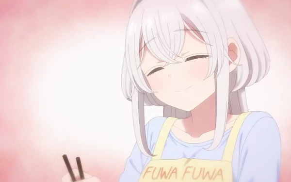 Anime-style HD desktop wallpaper featuring Towa from Studio Apartment Good Lighting Angel Included, smiling softly with a warm pink background.