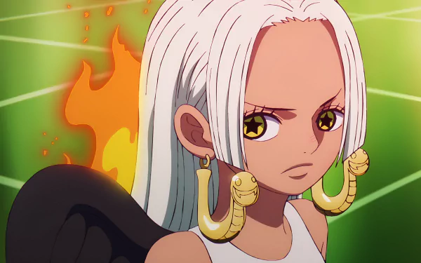 Anime-style 4K Ultra HD wallpaper featuring S-Snake from One Piece with striking star-shaped eyes, white hair, and snake-themed earrings against a vibrant green background.