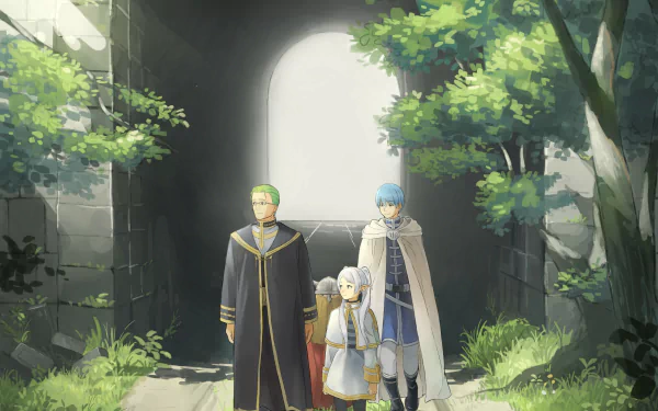 HD anime wallpaper featuring Frieren, Himmel, and Heiter from Frieren: Beyond Journey’s End walking through a sunlit, lush stone archway.