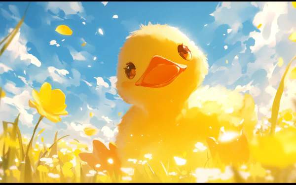 HD wallpaper of an adorable illustrated duckling surrounded by yellow flowers under a sunny sky, perfect for cute animal-themed desktop backgrounds.