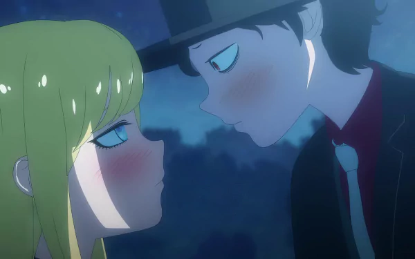 HD wallpaper featuring a close-up scene of Alice Lendrott and the Duke from the anime 'The Duke of Death and His Maid,' under a night sky.