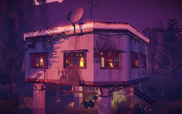 HD wallpaper of a twilight scene featuring a treehouse from the video game Children of the Sun, with warm lights illuminating the windows amidst a dusky forest setting.