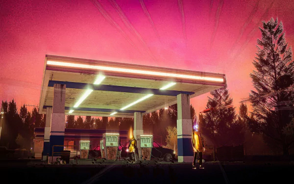 HD desktop wallpaper from the video game Children of the Sun featuring a dramatic gas station scene under a pink-hued sunset sky.