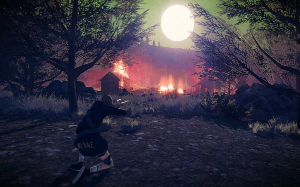 HD desktop wallpaper featuring a scene from the video game Children of the Sun, with a character overlooking a fiery landscape under a large moon.