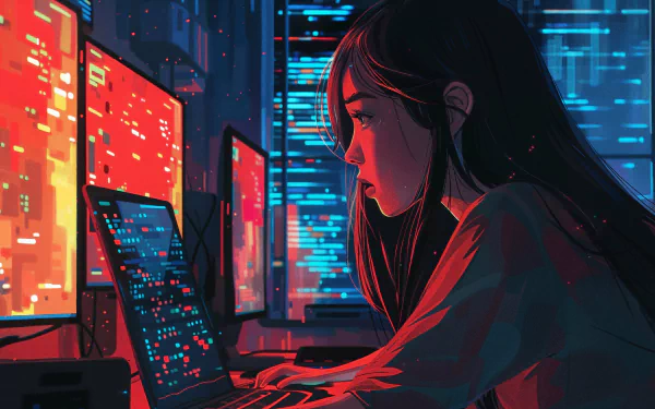 A woman intently focuses on her laptop, surrounded by vibrant computer monitors displaying code in red and blue, creating a striking HD desktop wallpaper.