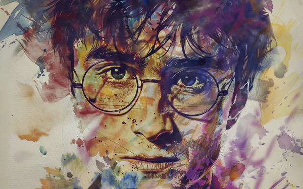 Artistic Harry Potter inspired HD wallpaper featuring a colorful, watercolor-style illustration of a young wizard with glasses.