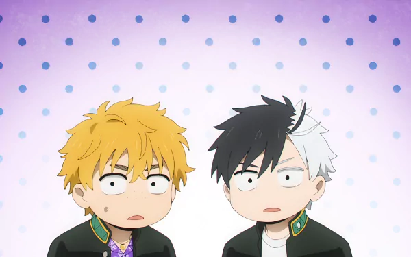 Anime-style 4K Ultra HD wallpaper featuring Wind Breaker characters Haruka Sakura and Akihiko Nirei against a purple polka dot background.