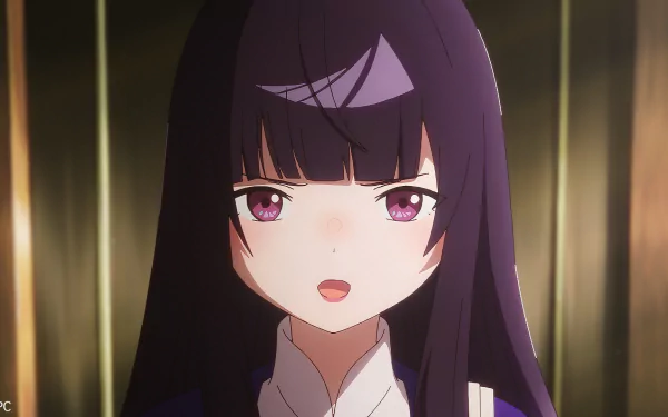 HD desktop wallpaper featuring close-up of a female anime character with purple hair and pink eyes, titled Jellyfish Can’t Swim in the Night, with a golden-hued background.