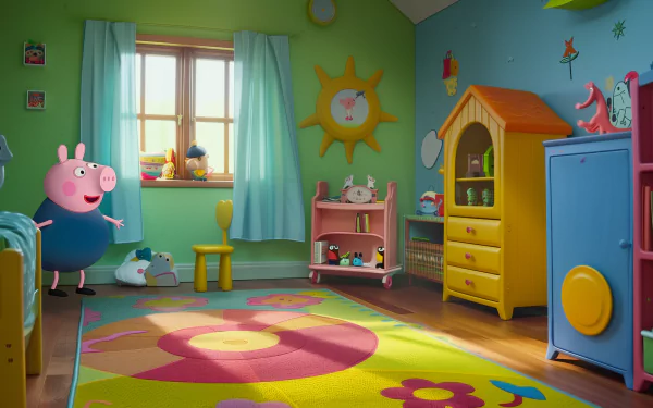 HD desktop wallpaper featuring Peppa Pig, the animated character from the children's TV show, standing in a colorful bedroom with playful decor.