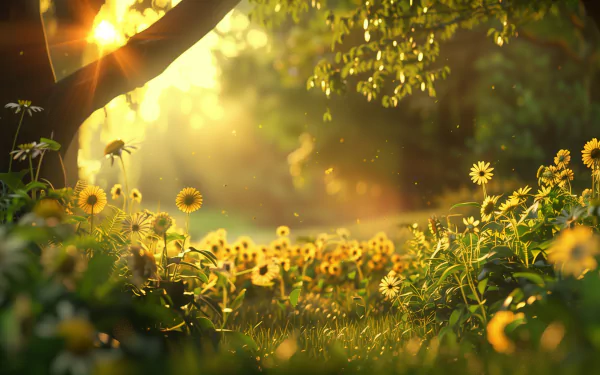 HD desktop wallpaper showing a sunny day with sunbeams filtering through tree branches, illuminating a field of daisies and greenery.