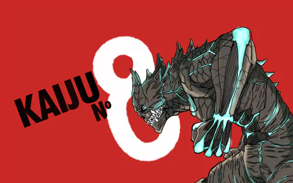 Kaiju No. 8 features a detailed monstrous creature against a bold red backdrop with striking typography in this 8K Ultra HD PC desktop wallpaper.