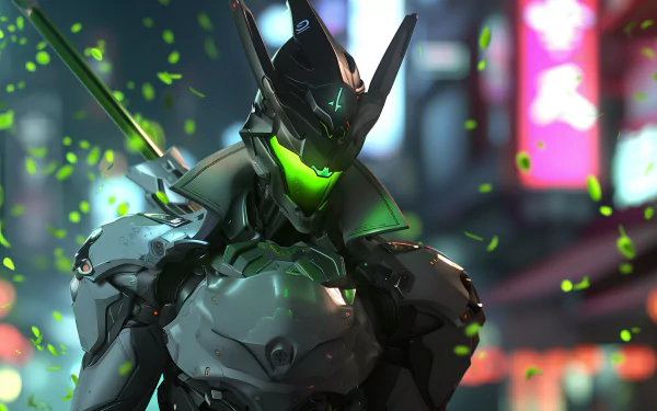 HD desktop wallpaper featuring the Overwatch character Genji in his robotic ninja armor with a glowing green visor and a sword, set against a blurry urban backdrop.